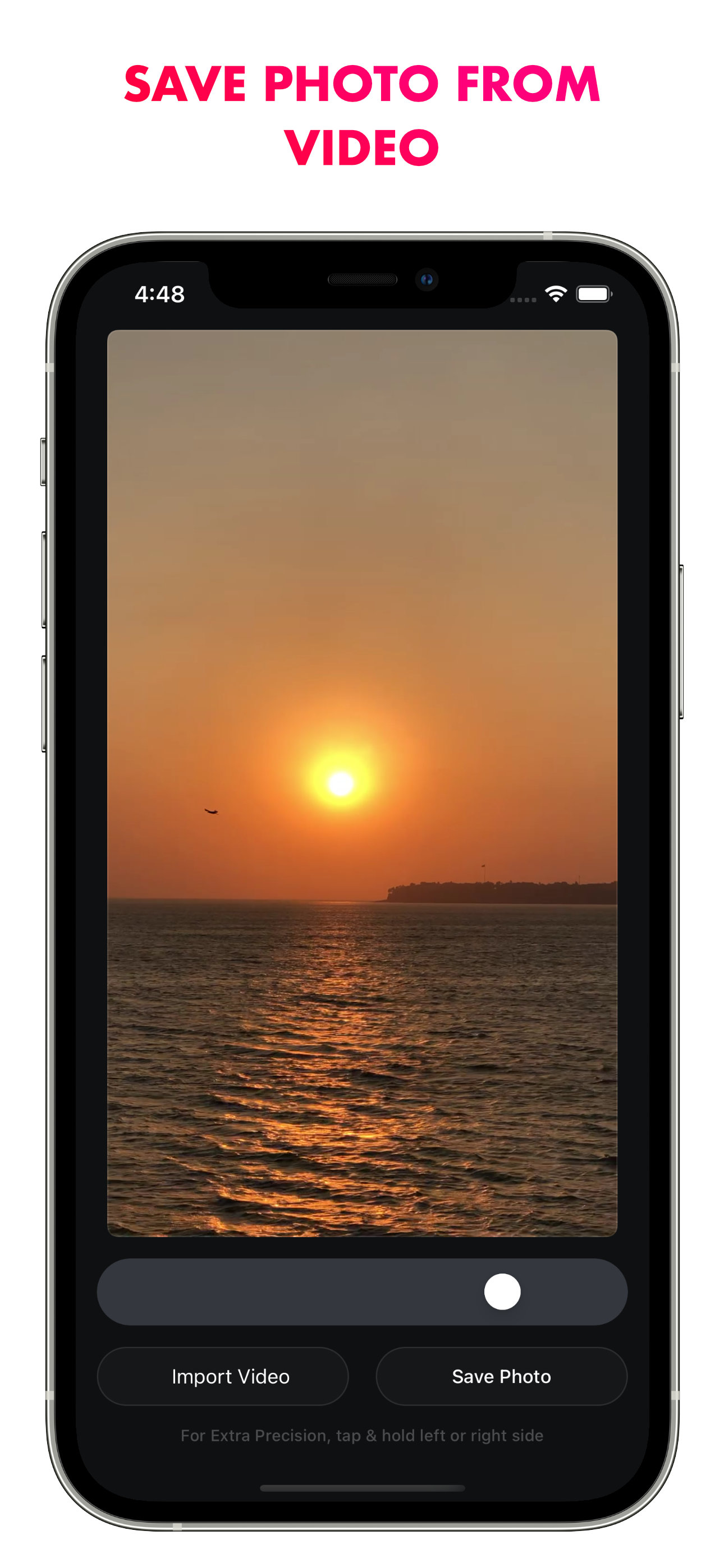 Stills on iPhone showing a sunset video with Import Video, a frame-selection slider and Save Photo controls